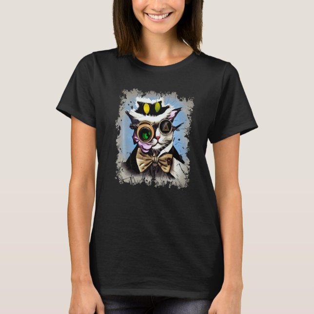 Creepy Illuminati Cat Cyborg Monocle Steam Cat Pun T-Shirt (Front)