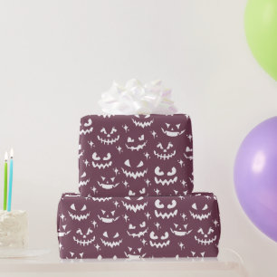 Creepy Jack-O' Lantern Faces Purple Halloween Wrapping Paper