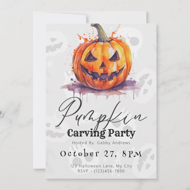 Creepy Jack-O' Lantern Grey Pumpkin Carving Party Invitation (Front)