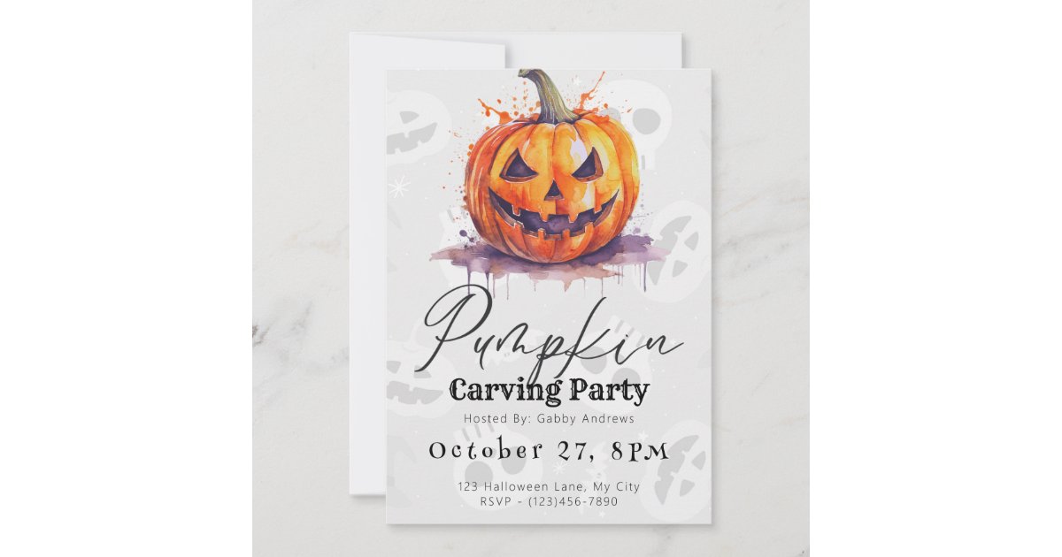 Creepy Jack-O' Lantern Grey Pumpkin Carving Party Invitation | Zazzle