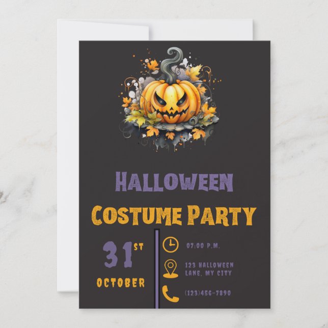 Creepy Jack-O' Lantern Modern Black Halloween Invitation (Front)
