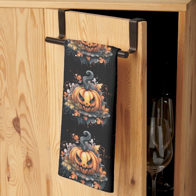 Creepy Jack-O' Lantern Pattern Halloween Tea Towel (Thirds Fold)