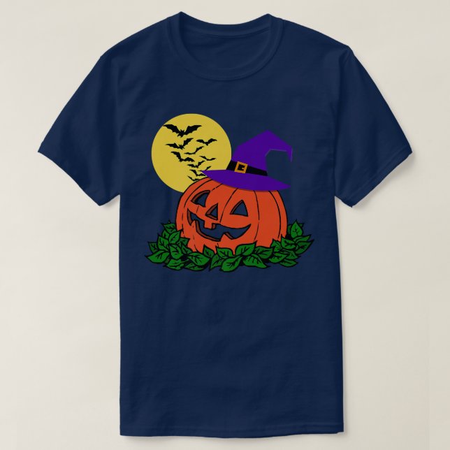 Creepy Jack o Lantern Pumpkin Patch Witch Hat Bats T-Shirt (Design Front)