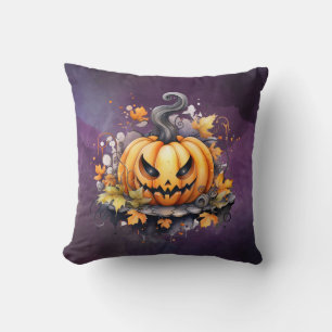 Creepy Jack-O' Lantern Watercolor Purple Halloween Cushion