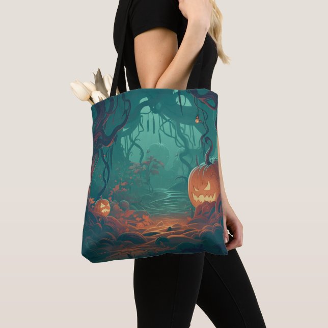 Creepy Jack-O' Lanterns in the Forest Halloween Tote Bag (Close Up)