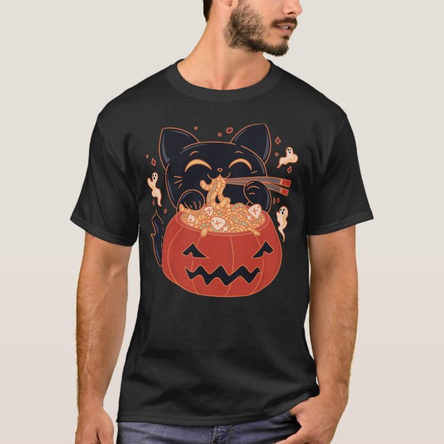 Creepy Kawaii Cat Eating Worms Ramen Noodles Hallo T-Shirt (Front)