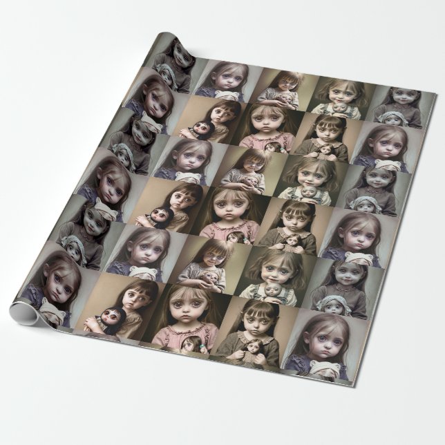 Creepy Little Girl with Big Eyes and Creepy Doll Wrapping Paper (Unrolled)