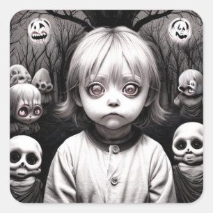 Creepy Little Girls, Dolls and Skulls Halloween Square Sticker