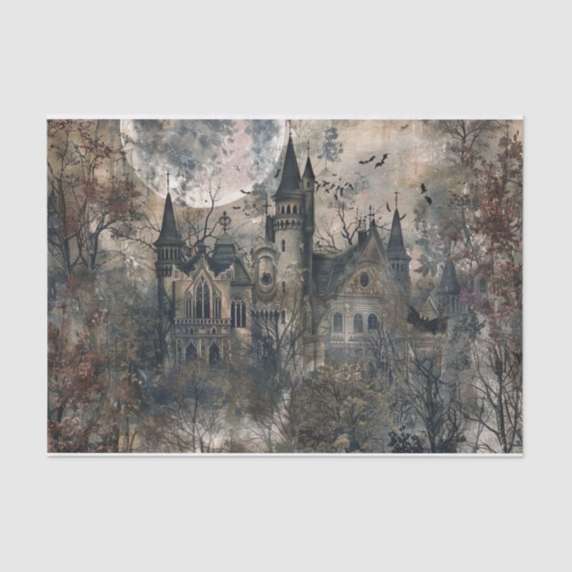 Creepy Mansion Spooky Bat Halloween Moon Decoupage Tissue Paper (Front)