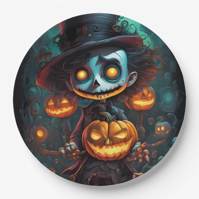 Creepy Monster and Jack-O-Lanterns  Paper Plate (Front)