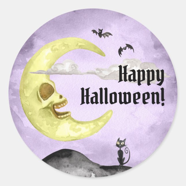 Creepy Moon Bats Black Cat Happy Halloween Purple Classic Round Sticker (Front)