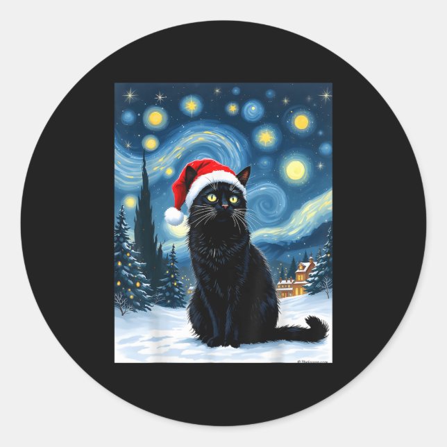 Creepy Night Black Meow In Santa Hat Christmas Men Classic Round Sticker (Front)