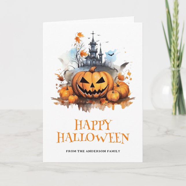 Creepy Pumpkin Haunted House Bats Photo Halloween Card (Front)