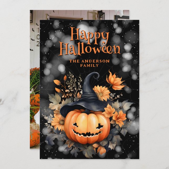 Creepy Pumpkin In A Hat Photo Happy Halloween Card (Front/Back)