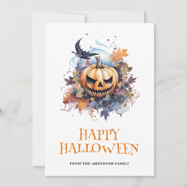 Creepy Pumpkin Typography Happy Halloween Holiday Card (Front)