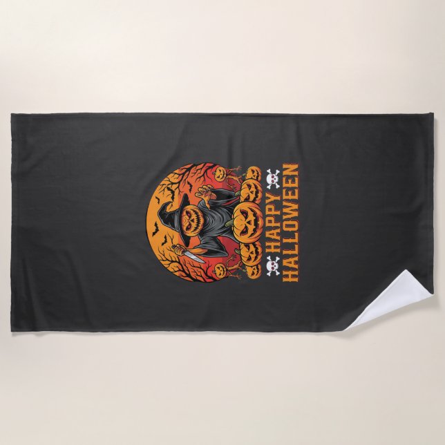 Creepy Pumpkin Witch Happy Halloween Vector Design Beach Towel (Front)