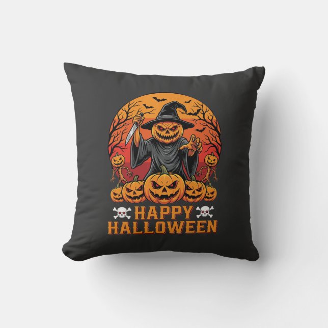 Creepy Pumpkin Witch Happy Halloween Vector Design Cushion (Front)