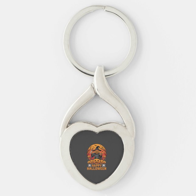Creepy Pumpkin Witch Happy Halloween Vector Design Key Ring (Front)