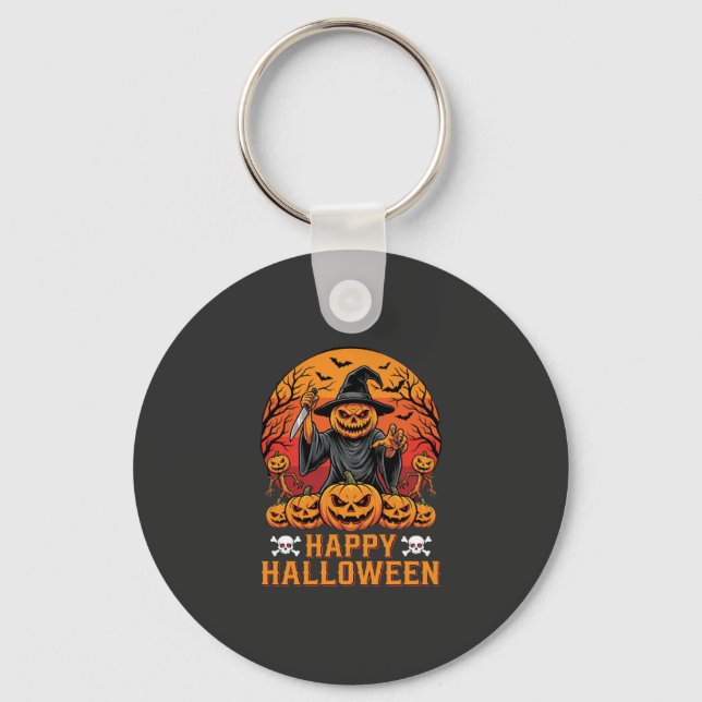 Creepy Pumpkin Witch Happy Halloween Vector Design Key Ring (Front)