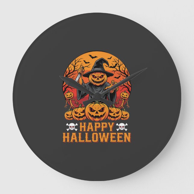 Creepy Pumpkin Witch Happy Halloween Vector Design Large Clock (Front)