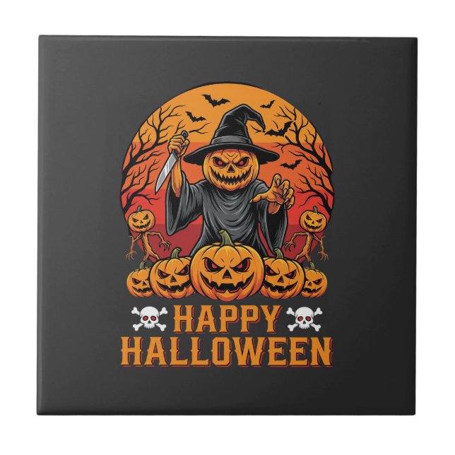 Creepy Pumpkin Witch Happy Halloween Vector Design Tile (Front)