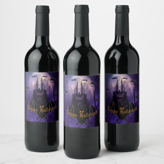 Creepy Purple Haunted Castle Halloween Wine Label (Bottles)