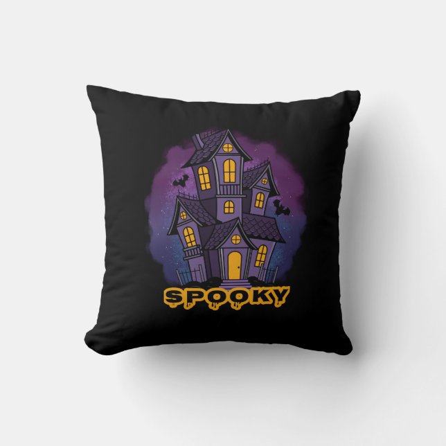Creepy Purple Mansion Spooky Haunted House Cushion (Front)