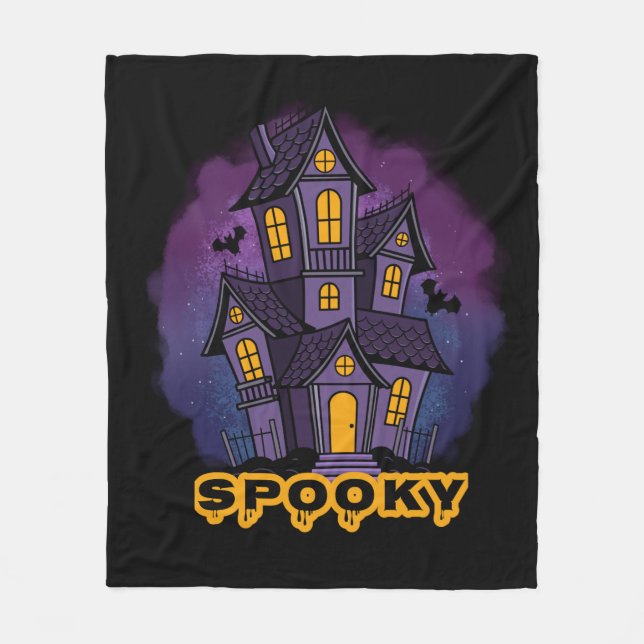 Creepy Purple Mansion Spooky Haunted House Fleece Blanket (Front)