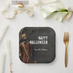 Creepy Scarecrow Doll Custom Name Halloween Paper Plate