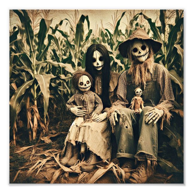 Creepy Scarecrow family in cornfield horror photo (Front)