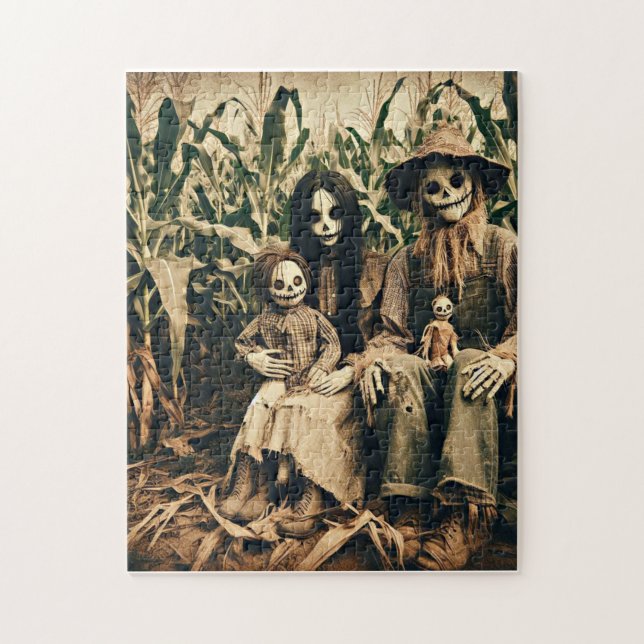 Creepy Scarecrow family in cornfield horror photo Jigsaw Puzzle (Vertical)