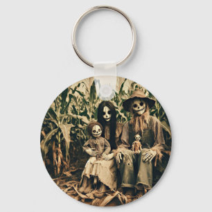 Creepy Scarecrow family in cornfield horror photo Key Ring