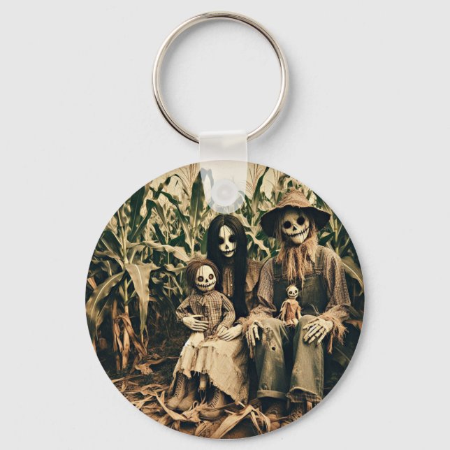 Creepy Scarecrow family in cornfield horror photo Key Ring (Front)