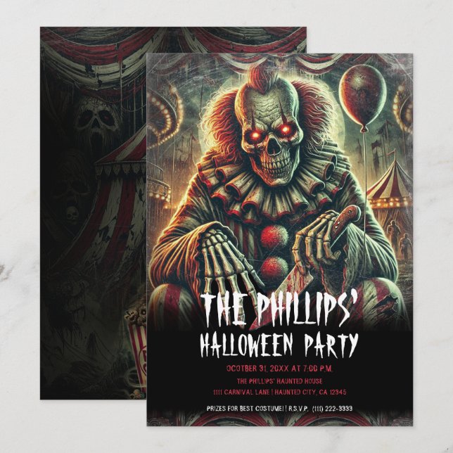 Creepy Scary Carnival Clown Halloween Party Invitation (Front/Back)