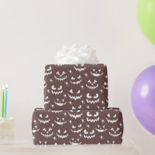 Creepy Scary Jack-O' Lantern Faces Brown Halloween Wrapping Paper