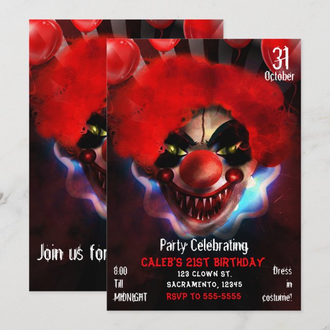 Creepy Scary Killer Clown Halloween Birthday Party Invitation (Front/Back)