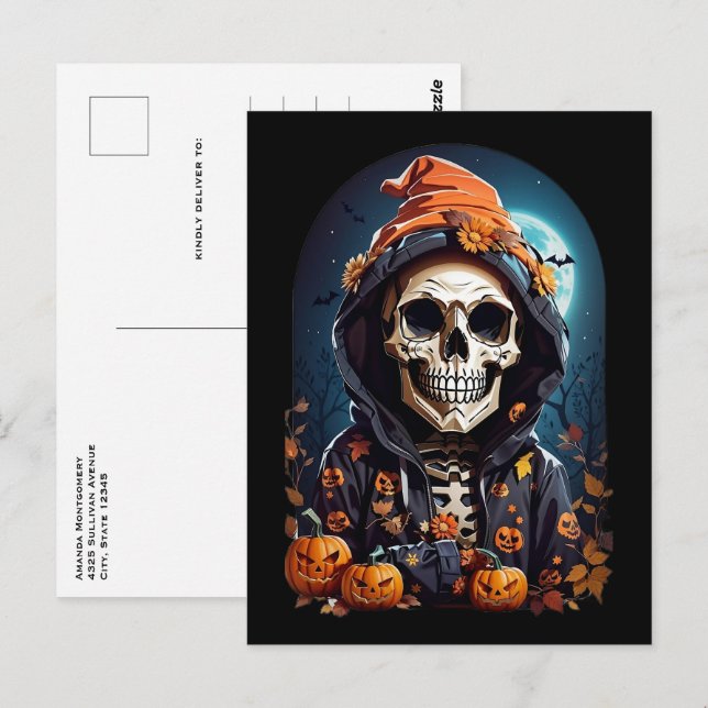 Creepy Skeleton & Autumn Pumpkins Halloween Postcard (Front/Back)