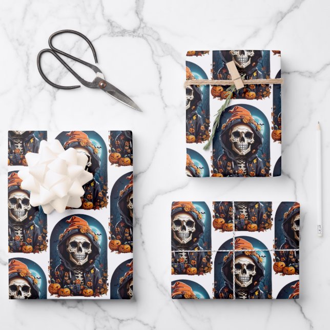 Creepy Skeleton & Autumn Pumpkins Pattern Wrapping Paper Sheet (Front)