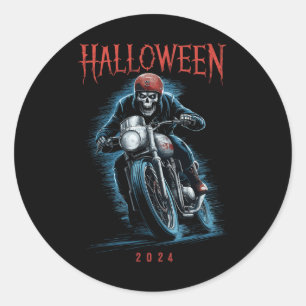 Creepy Skeleton Biker On Motorcycle Halloween 2024 Classic Round Sticker