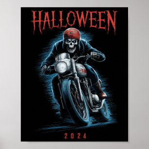 Creepy Skeleton Biker On Motorcycle Halloween Spoo Poster