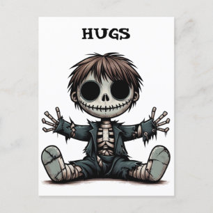 creepy skeleton boy giving hugs cartoon art postcard