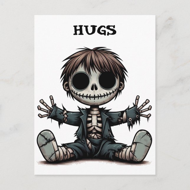 creepy skeleton boy giving hugs cartoon art postcard (Front)