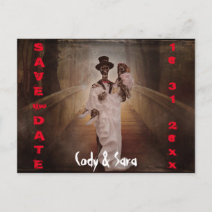 Creepy skeleton bride & groom save the date announcement postcard