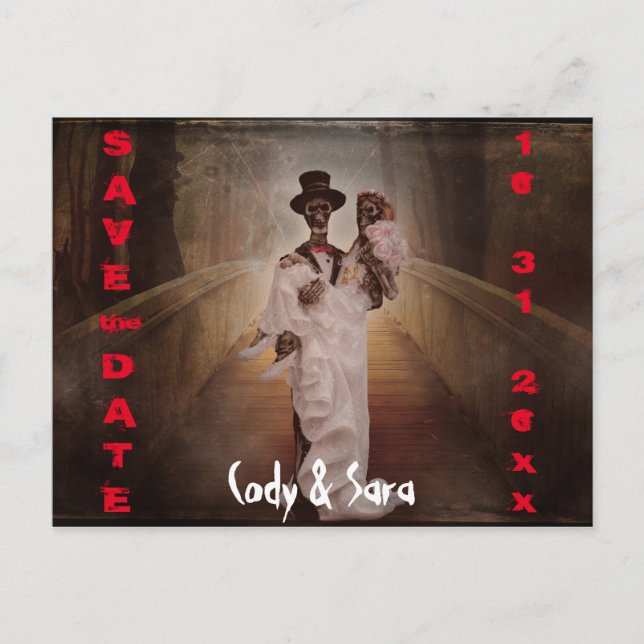 Creepy skeleton bride & groom save the date announcement postcard (Front)