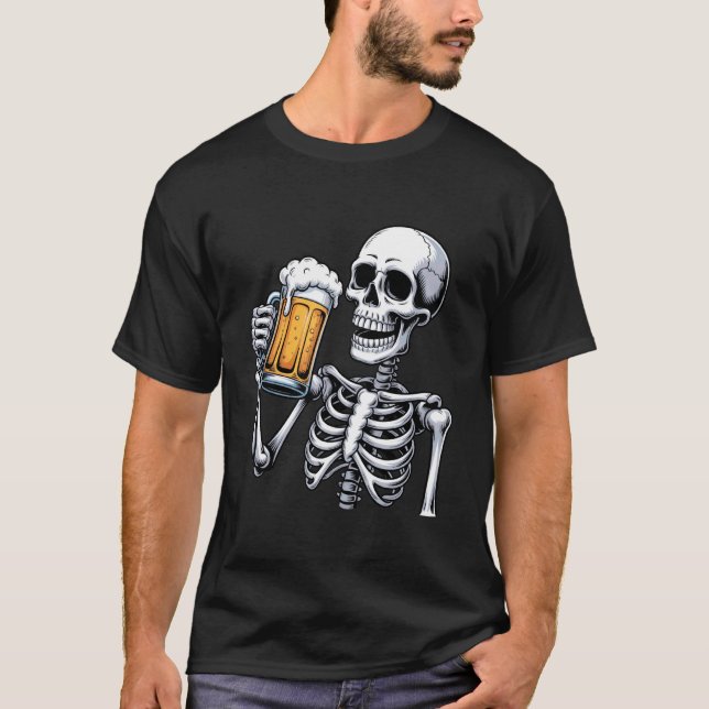 Creepy Skeleton Drinking Beer Halloween Costume Me T-Shirt (Front)