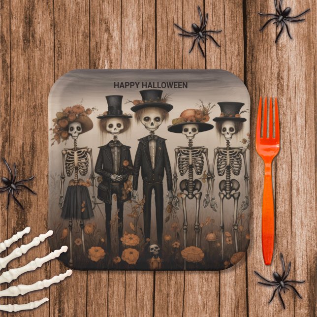 Creepy Skeleton Family Happy Halloween Paper Plate (Creator Uploaded)