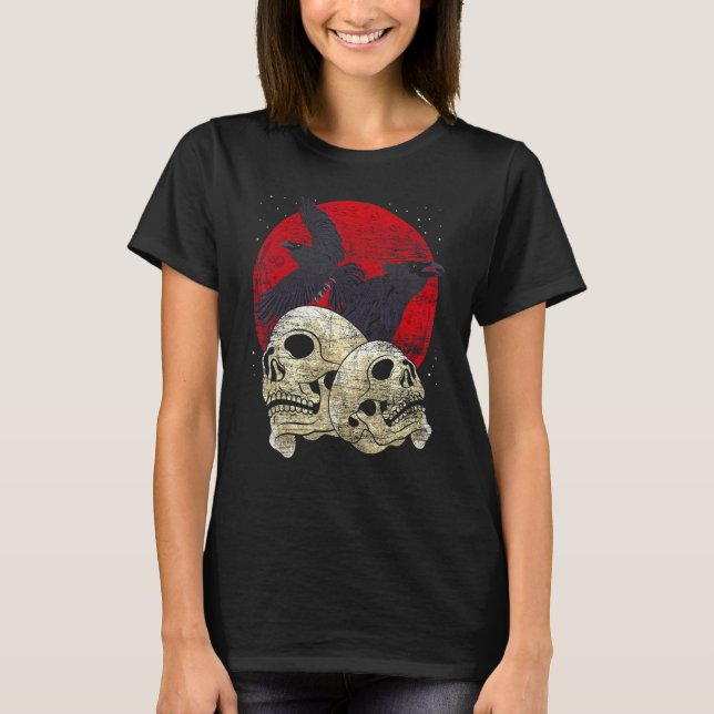 Creepy Skeleton Head Spooky Skull Raven Gothic Ani T-Shirt (Front)
