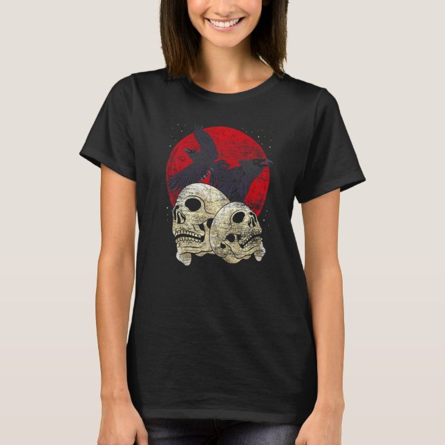 Creepy Skeleton Head Spooky Skull Raven Gothic Ani T-Shirt (Front)