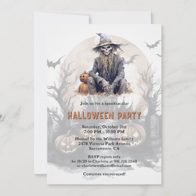 Creepy Skeleton Pumpkins Full Moon Halloween Party Invitation (Front)