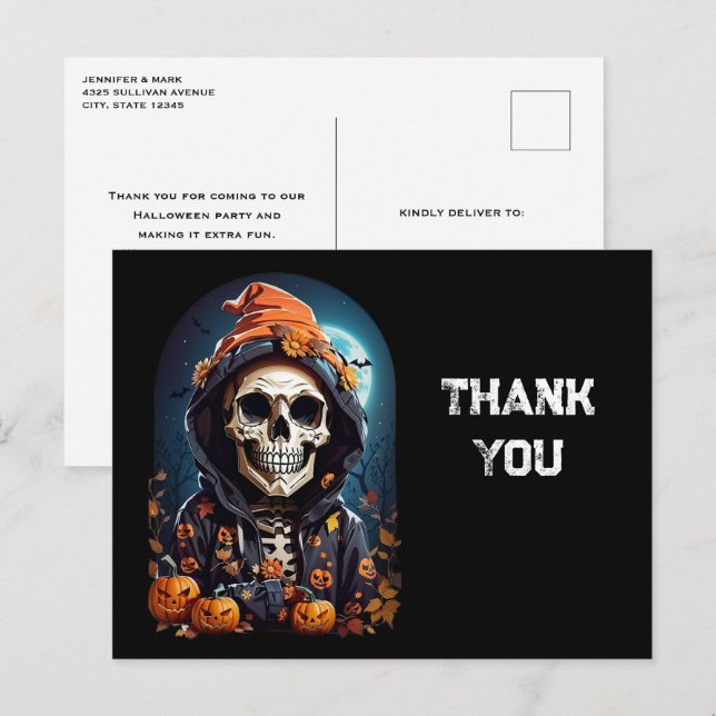 Creepy Skeleton & Pumpkins Halloween Thank You Postcard (Front/Back)